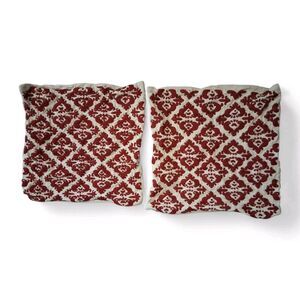 Pottery Barn Pillow Cases Linen Red& Tan  Embroidered 18 X 18 (Two)